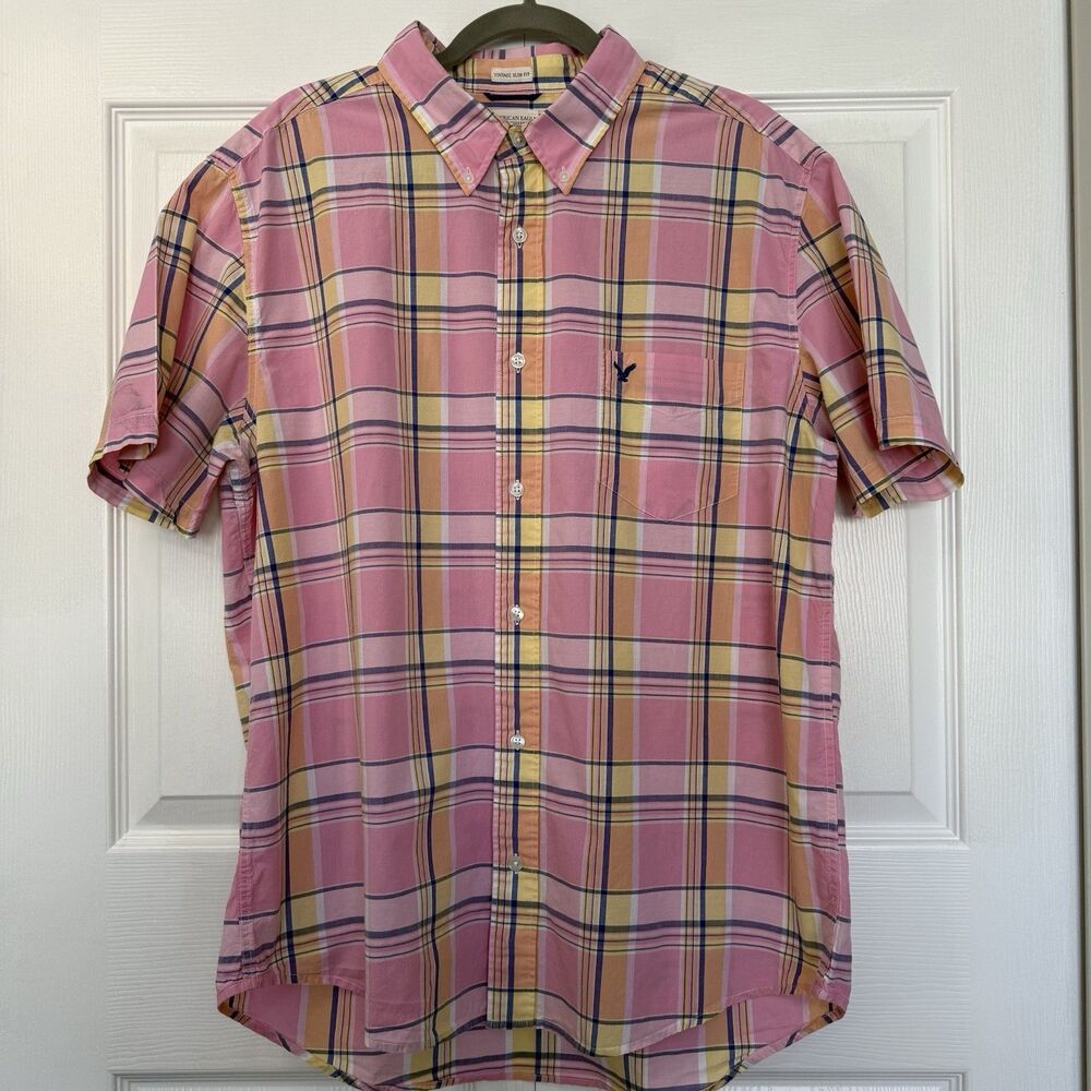 Men’s American Eagle Outfitters Pink Plaid Short Slv Button Down Shirt Size XL